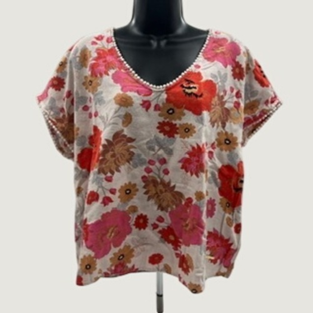 Marc New York Andrew Marc Womens Floral Linen Blend Pom Pom V-Neck Top Large